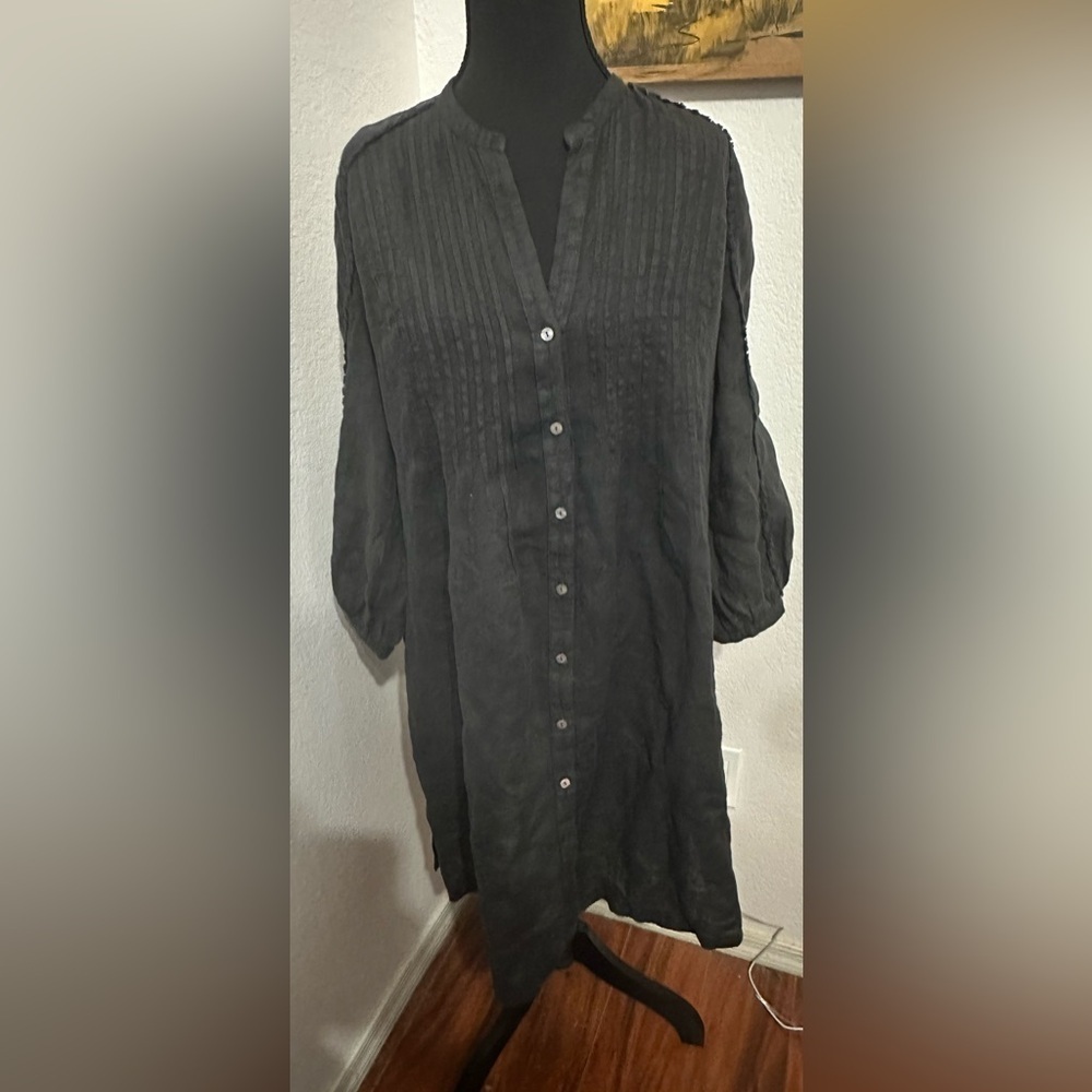 120% Lino Linen Button Front Black Shirt Dress - Size Medium